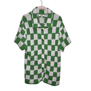 Frankies Bikinis Cover Up Womens Small Green Check Crochet Short Sleeve Cardigan